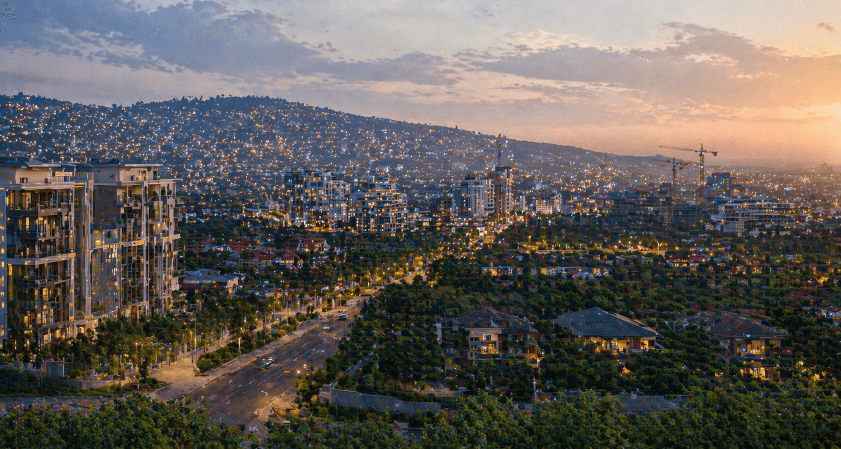 Kigali at dusk — residential development and city lights across the hills
